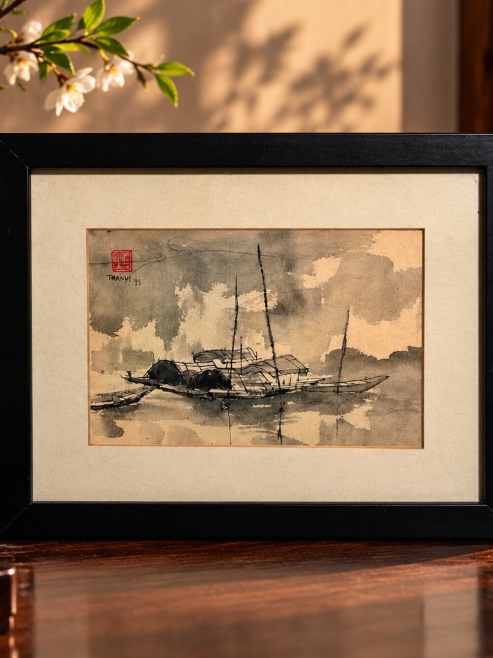 Vintage 1995 Asian Fishing Boat Ink Painting Framed Wall Art
